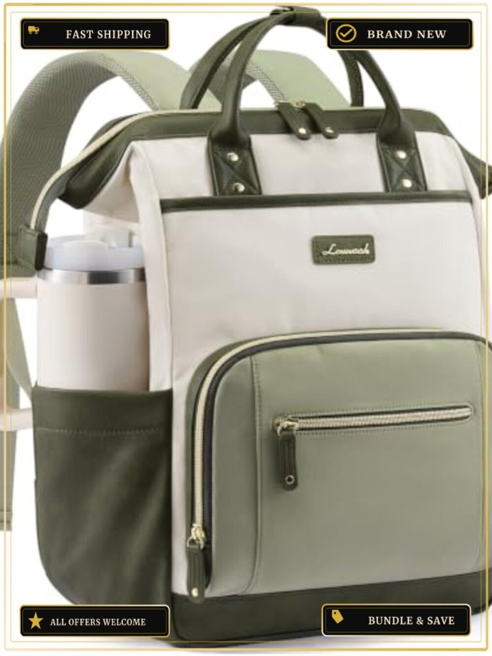Waterproof Laptop Backpack for Women with 40oz Tumbler Holder, 15.6 inch